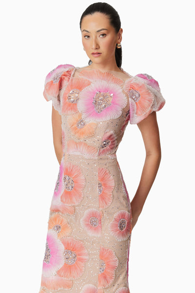 Brittany Floral Sequin Midi Dress - Pink