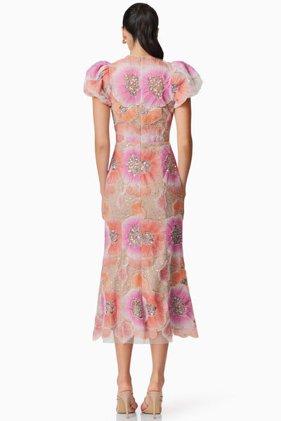 Brittany Floral Sequin Midi Dress - Pink