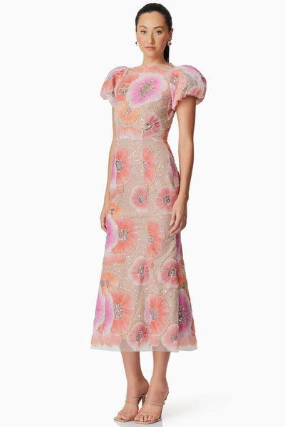 Brittany Floral Sequin Midi Dress - Pink