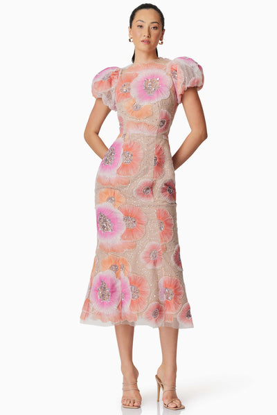 Brittany Floral Sequin Midi Dress - Pink