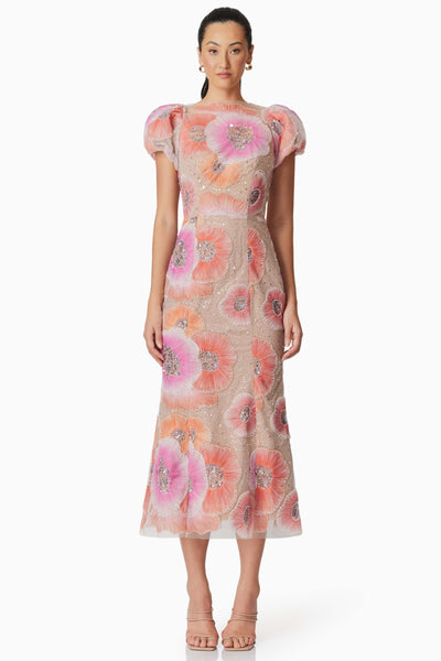 Brittany Floral Sequin Midi Dress - Pink