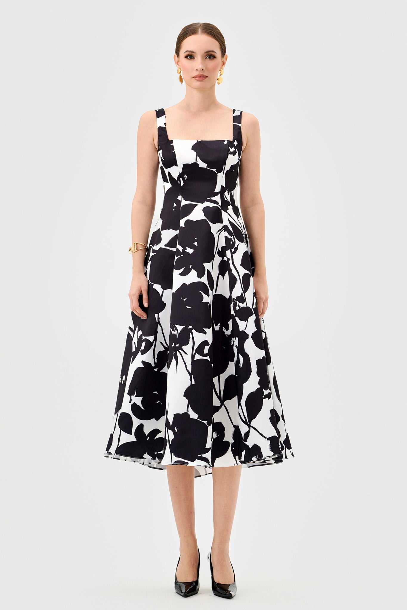 Brittany Square Neck Midi - Black White Print