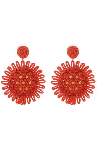 Burst Raffia Flower Earrings - Orange