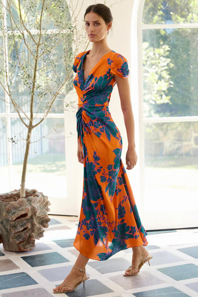 Calista Silk Dress - Tangerine Teal