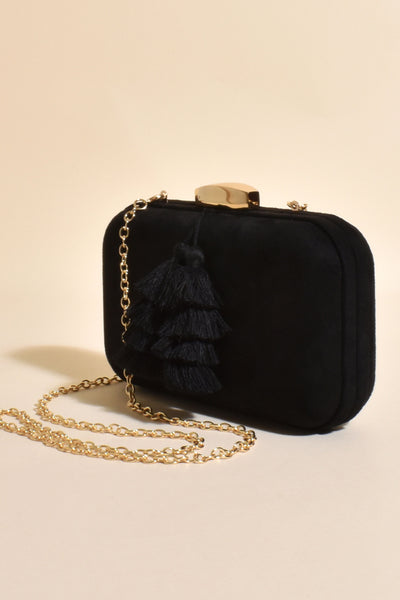 Camille Faux Suede Tassel Frame Clutch - Black