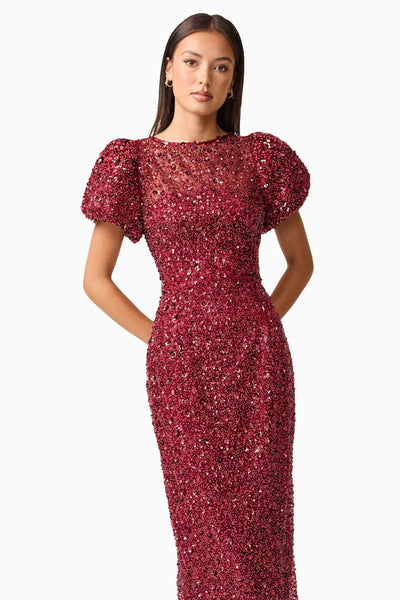 Carmen Puff Sleeve Midi Dress - Berry