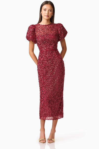 Carmen Puff Sleeve Midi Dress - Berry