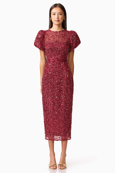 Carmen Puff Sleeve Midi Dress - Berry