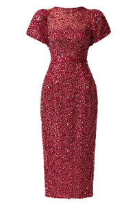 Carmen Puff Sleeve Midi Dress - Berry
