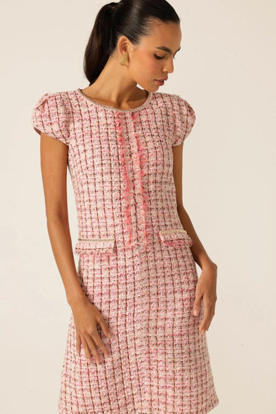 Celestine Shift Dress - Pink White Tweed
