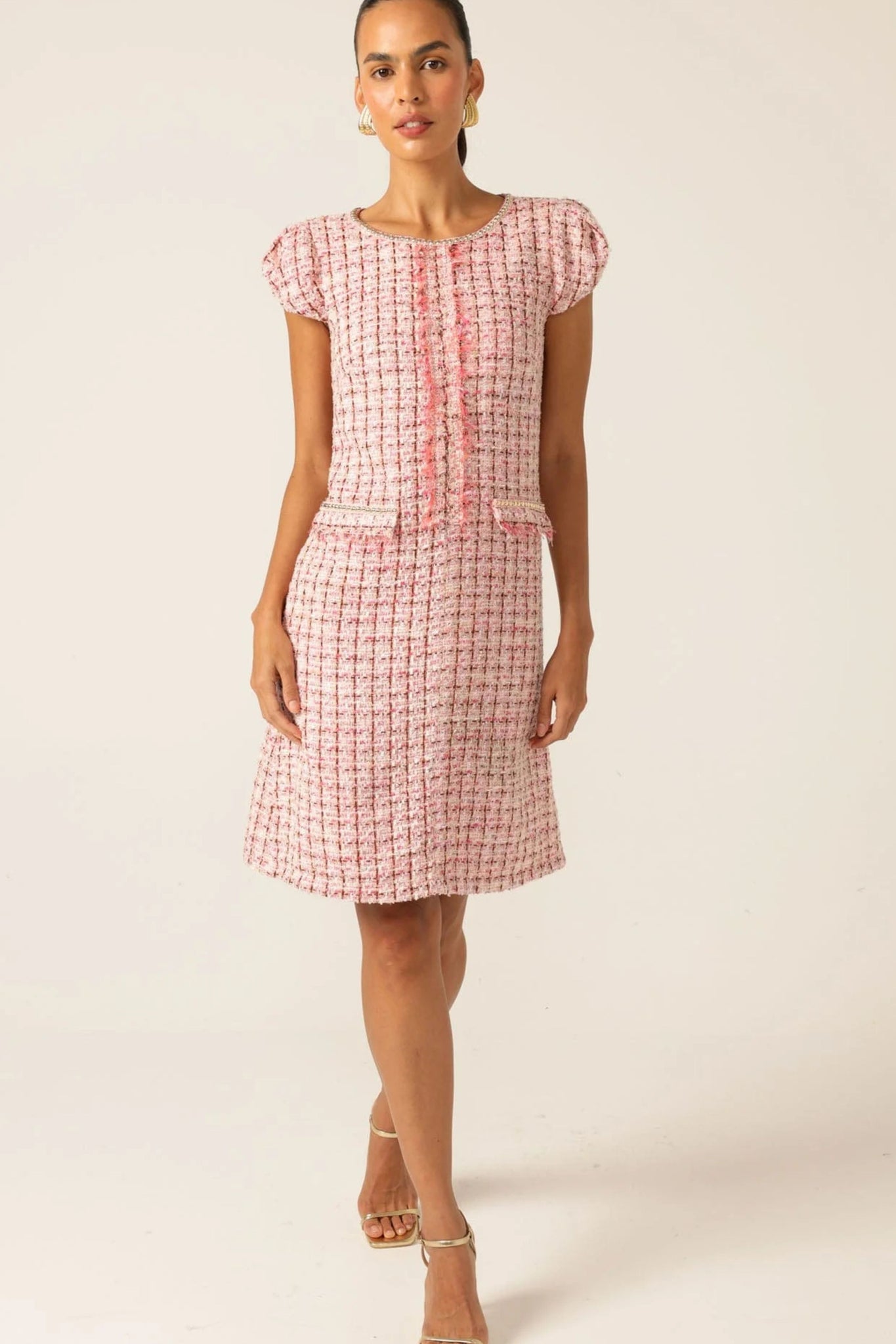 Celestine Shift Dress - Pink White Tweed
