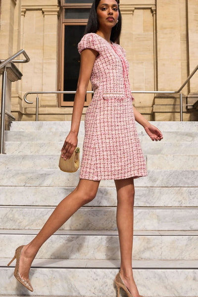 Celestine Shift Dress - Pink White Tweed