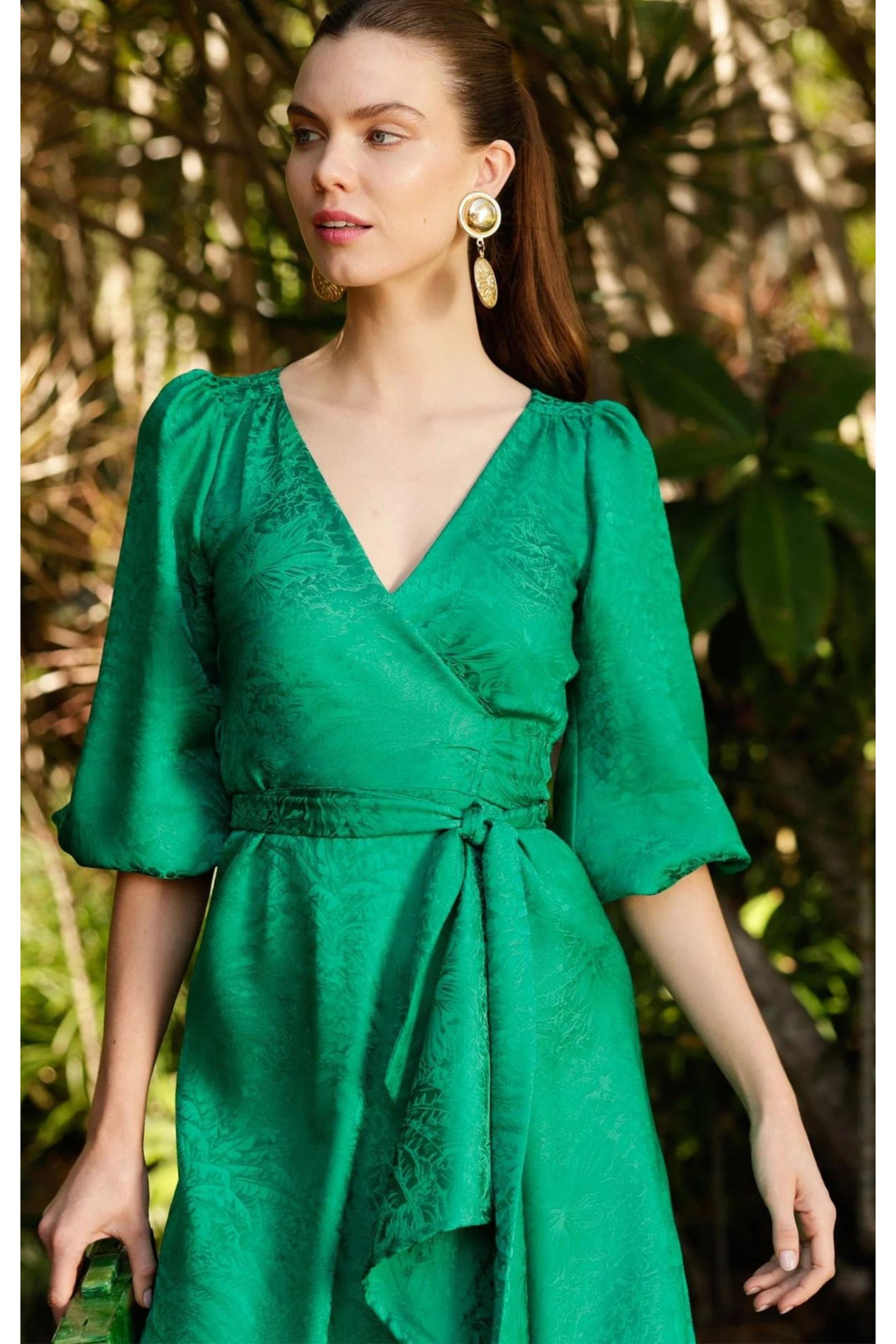 SACHA DRAKE STOCKISTS Chateau Wrap Dress Emerald Jacquard Smoke Mirrors Boutique