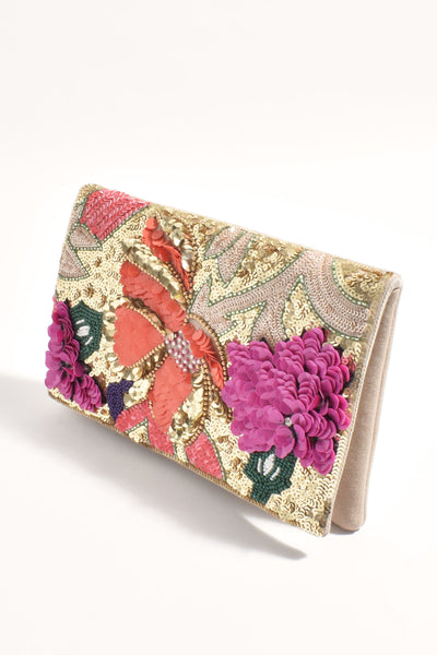 Claris Sequinned Florals Statement Clutch - Tan Gold