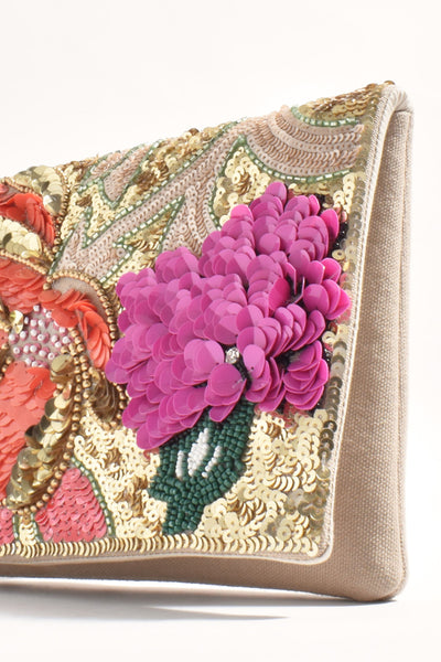 Claris Sequinned Florals Statement Clutch - Tan Gold