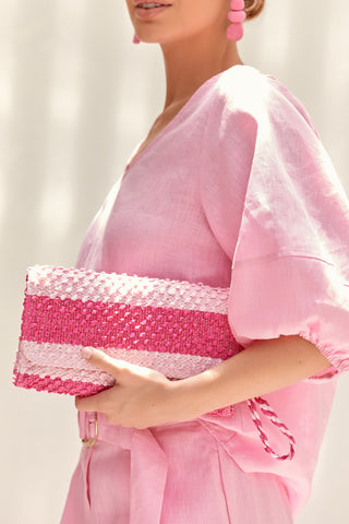 Contrast Stripe Foldover Clutch - Pink