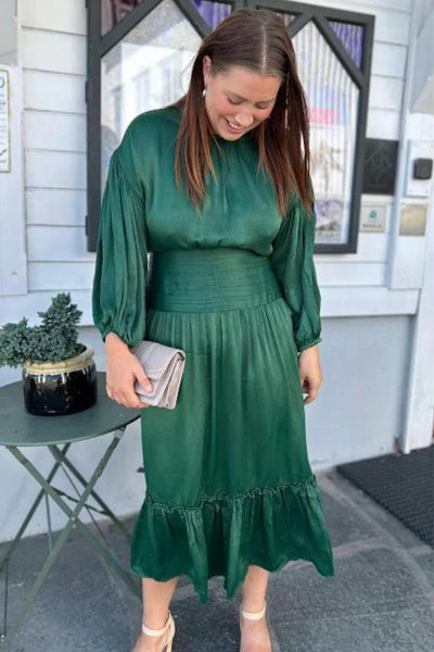 Crepe Satin Rouching Midi Dress - Emerald