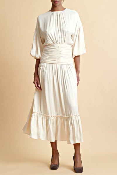 Crepe Satin Rouching Midi Dress - Off White
