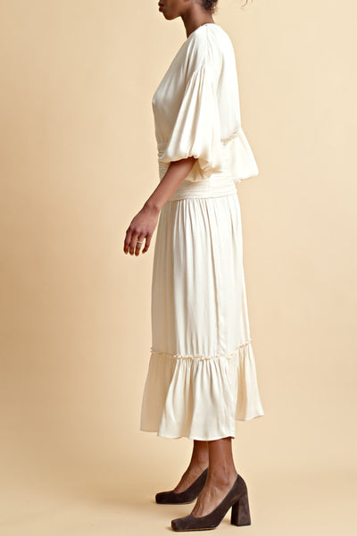 Crepe Satin Rouching Midi Dress - Off White