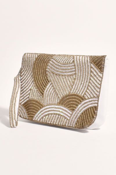 Curve Pattern Bead Sequin Clutch - White Gold