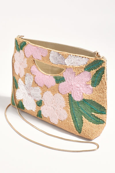 Dahlia Floral Beaded Clutch - Camel Pink