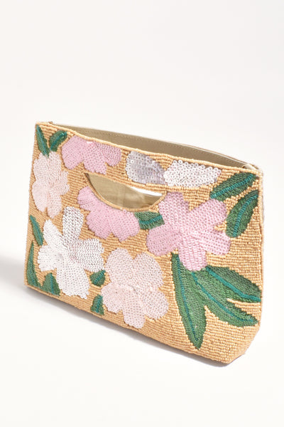 Dahlia Floral Beaded Clutch - Camel Pink