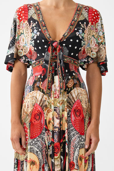 Daughters Of Duende Flutter Sleeve Tie Front Jersey Dress