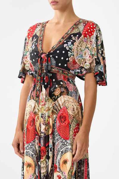 Daughters Of Duende Flutter Sleeve Tie Front Jersey Dress