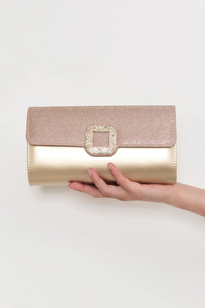Dolores Diamante Clasp Fold Over Clutch - Gold
