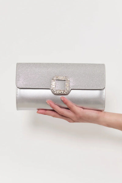 Dolores Diamante Clasp Fold Over Clutch - Silver