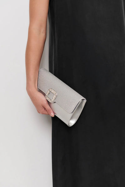 Dolores Diamante Clasp Fold Over Clutch - Silver