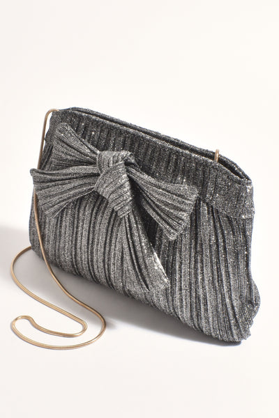Elcie Metallic Pleated Bow Clutch - Gunmetal