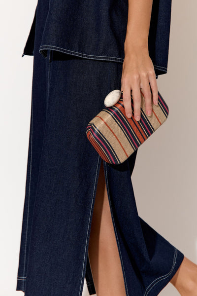 Ellery Resin Clasp Woven Structured Clutch - Natural Navy