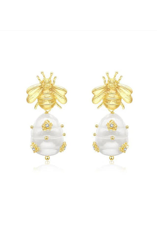 Embellished Baroque Pearl Bee Earrings - Gold