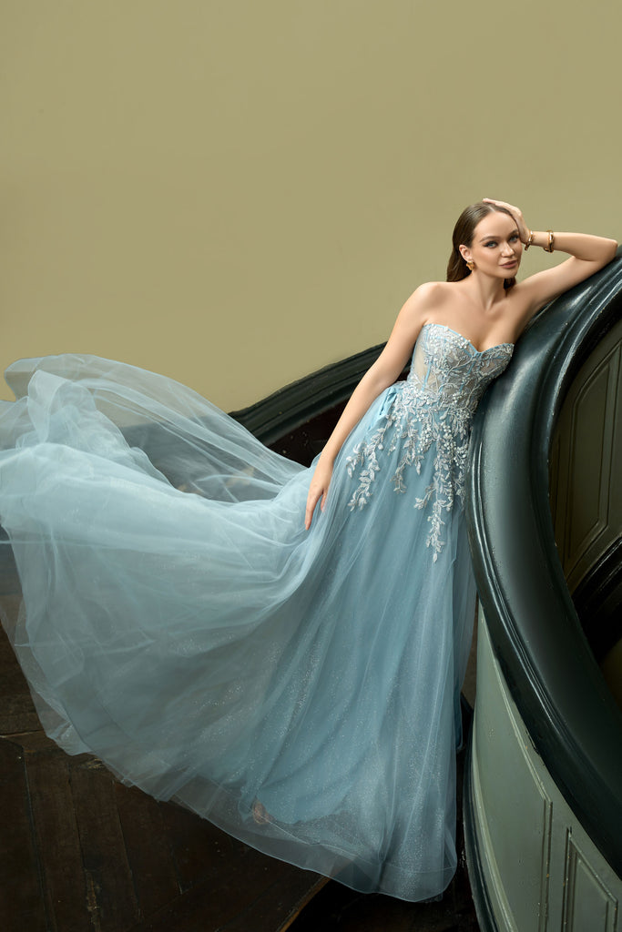 BARIANO STOCKISTS Emmy Strapless Ball Gown - Steel Blue Smoke & Mirrors Boutique BARIANO STOCKISTS Emmy Strapless Ball Gown - Steel Blue Smoke & Mirrors Boutique
