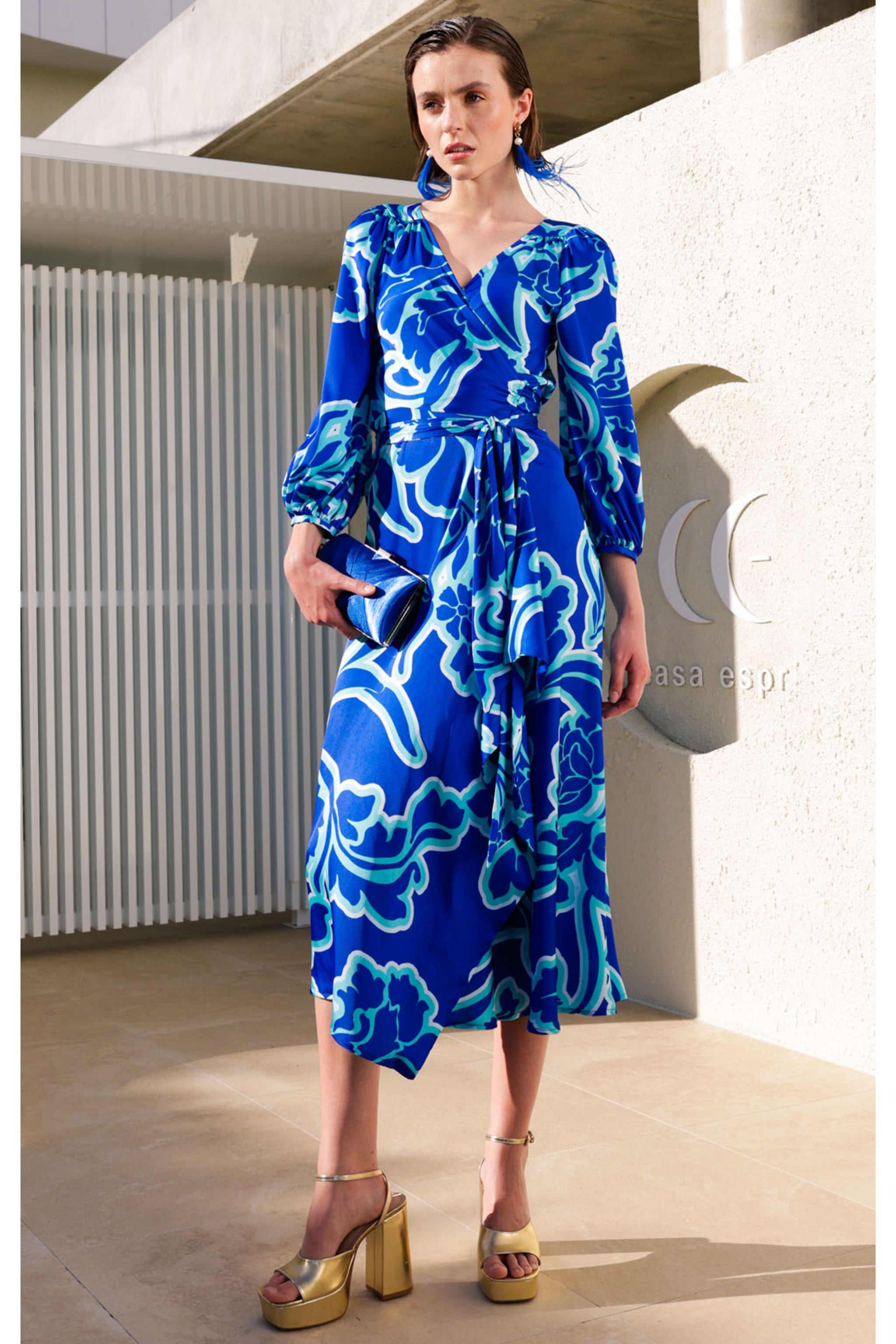 SACHA DRAKE STOCKISTS Ethereal Wrap Dress Azure Blue Floral Smoke Mirrors Boutique