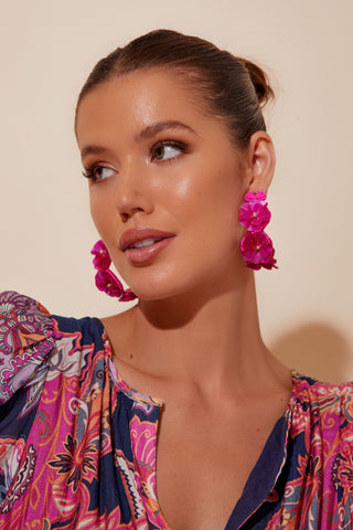 Floral Sequin Hoops - Hot Pink