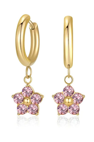 Delicate Flower Drop Zircon Earrings - Gold-Pink