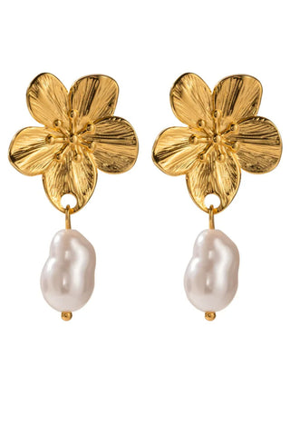 Flower Pearl Drop Earrings - Gold
