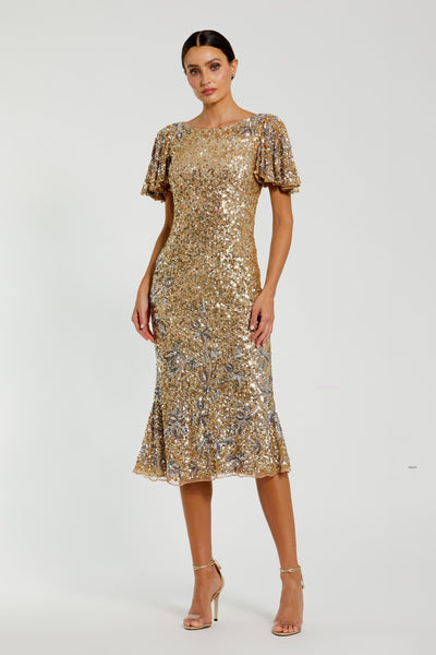 Gold Flutter Sleeve Floral Embellished Sequin Midi Dress - Nude Gold