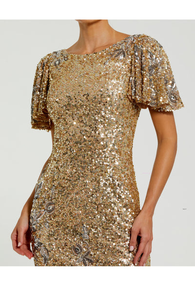 Gold Flutter Sleeve Floral Embellished Sequin Midi Dress - Nude Gold