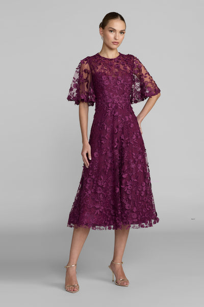 Flutter Sleeve Floral Embroidered Midi Dress - Aubergine