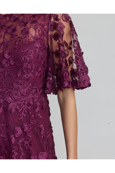 Flutter Sleeve Floral Embroidered Midi Dress - Aubergine