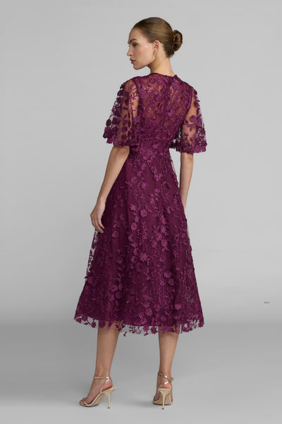 Flutter Sleeve Floral Embroidered Midi Dress - Aubergine