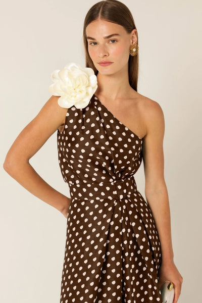 Gardenia One Shoulder Dress - Choc Cream Spot
