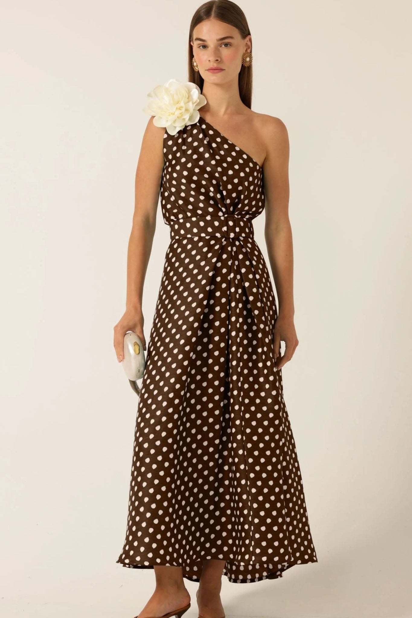 Gardenia One Shoulder Dress - Choc Cream Spot
