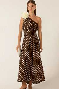 Gardenia One Shoulder Dress - Choc Cream Spot
