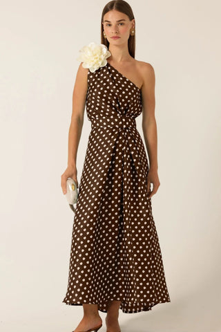 Gardenia One Shoulder Dress - Choc Cream Spot