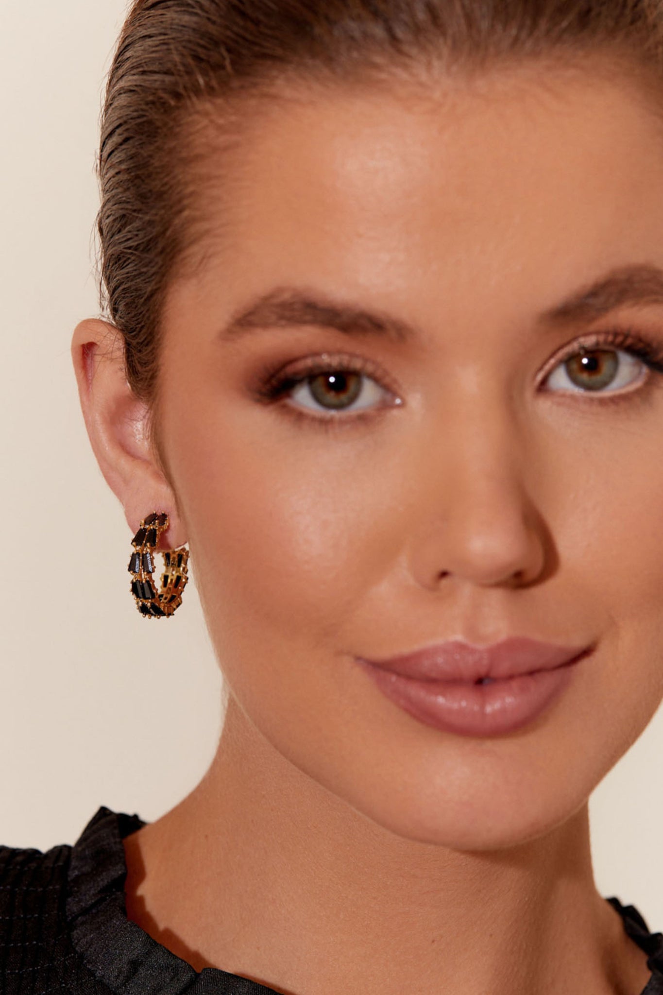 Gleaming Jewel Hoop Earrings - Black Gold