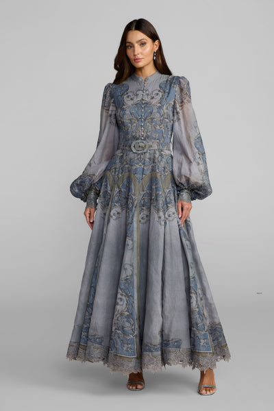 Gray Bishop Sleeve Printed Cotton A-Line Dress - Slate Blue